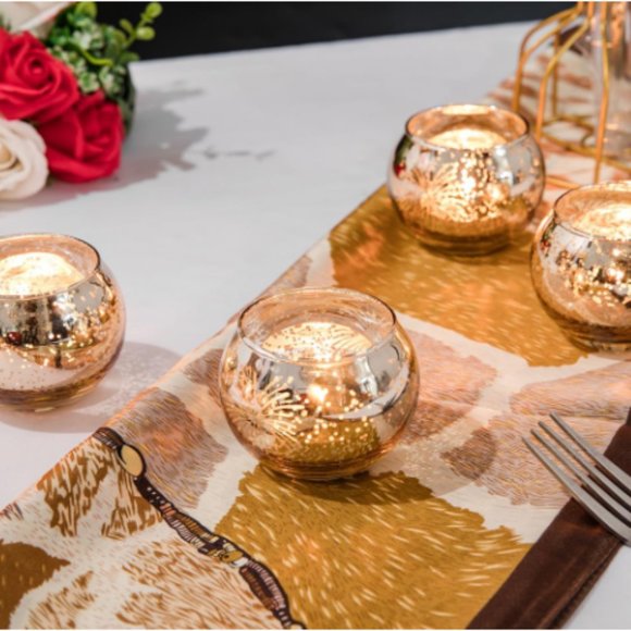 Set of 12 - Fireworks - Round Gold Mercury Glass Candle Holders (Bowl Shaped) - Picture 3 of 9